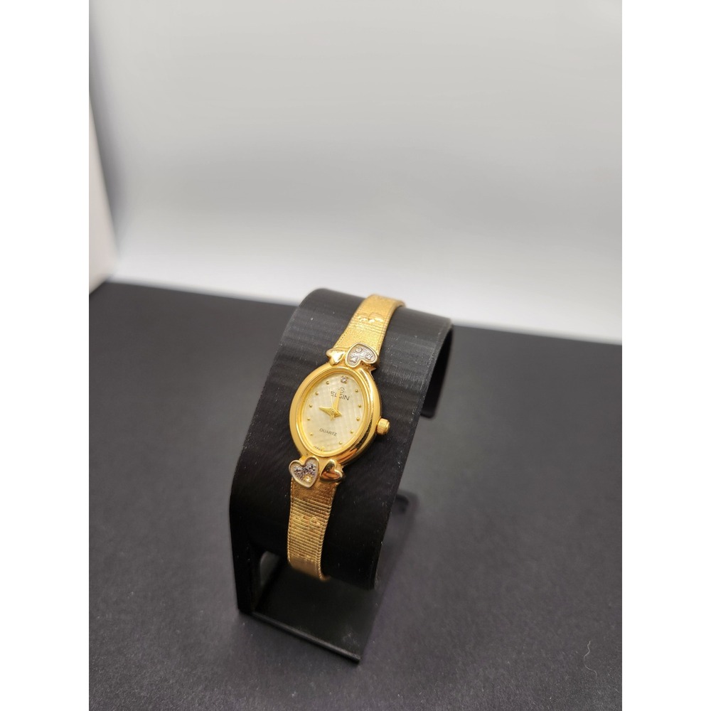 Elgin Womens Gold Tone Mesh Band Oval Dial Heart Accent Quartz Watch